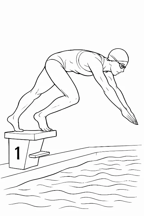 A realistic professional swimmer coloring page featuring a diving athlete ready to start a race.
