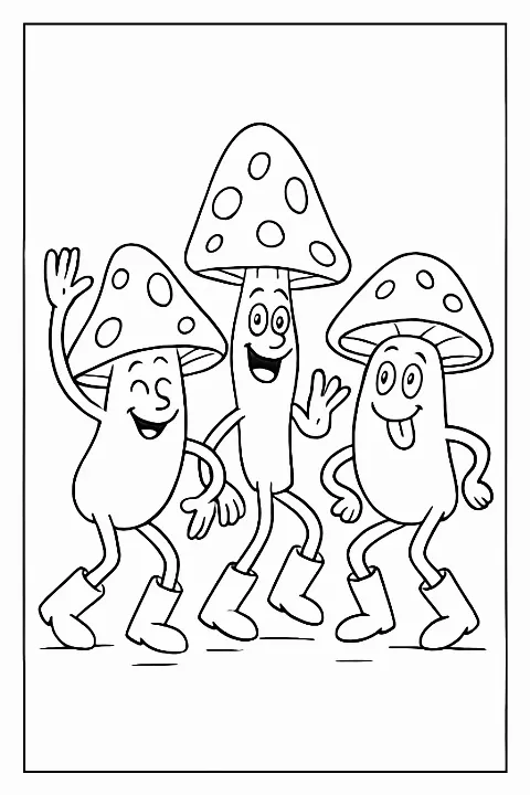 Three funny mushrooms wearing boots dancing in a meadow on a dancing mushroom coloring page.
