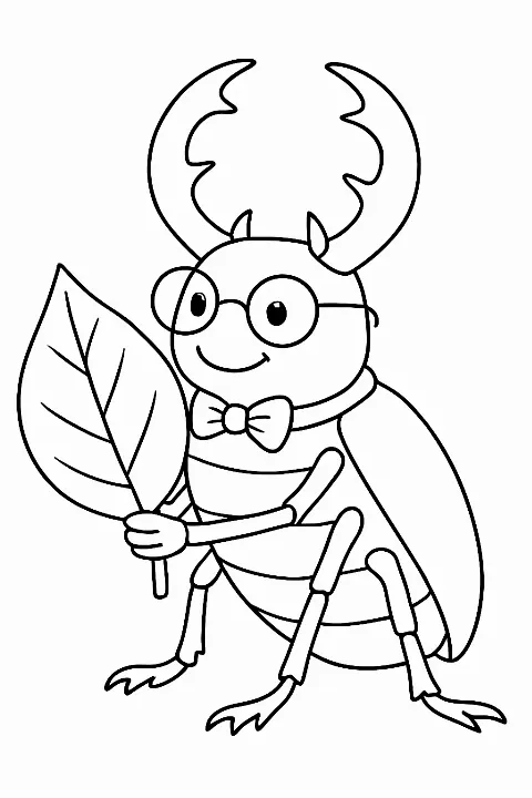 A happy stag beetle wearing glasses and a bowtie on a fun stag beetle coloring page.