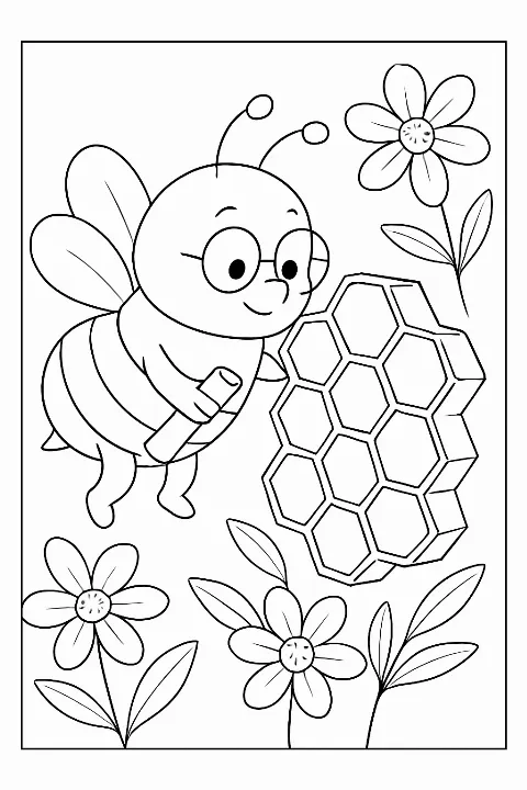 A friendly bee architect inspecting a honeycomb on a clean bee architect coloring page.