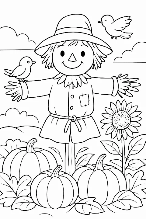 A detailed friendly scarecrow coloring page featuring pumpkins and sunflowers in a garden.