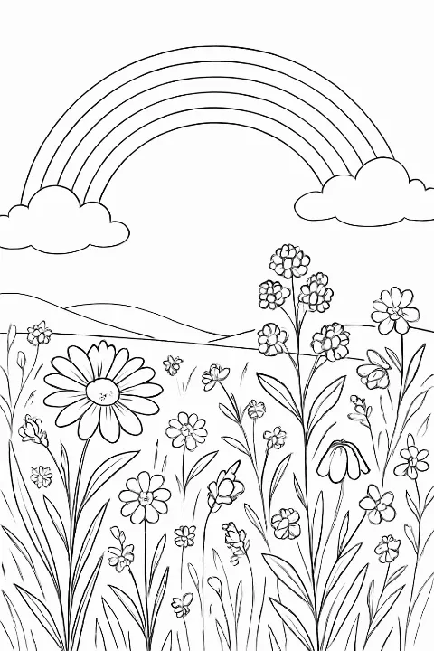 A detailed rainbow meadow coloring page featuring wildflowers and a soft sky.