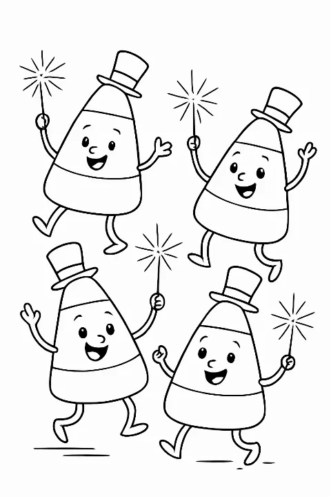 A group of happy dancing candy corn characters in a cute candy corn coloring page