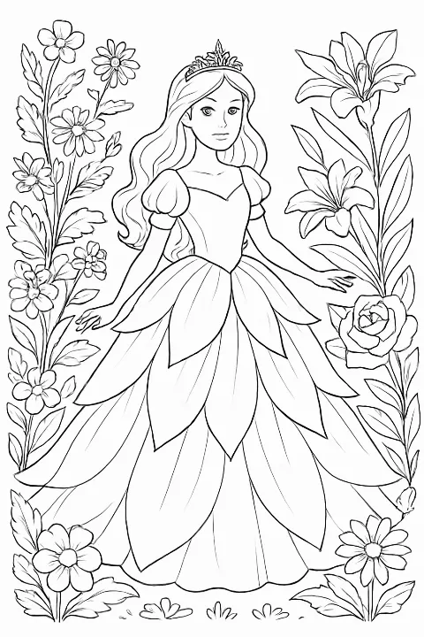 A detailed botanical garden princess coloring page featuring a dress made of flower petals in a lush garden setting.