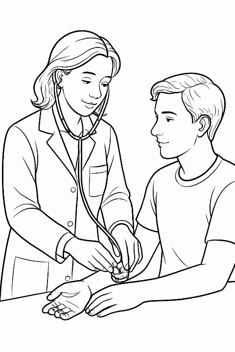 A friendly doctor using a stethoscope in a detailed doctor helping patient coloring page.