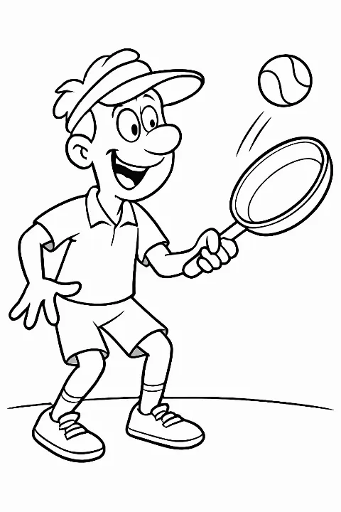 A humorous illustration of a tennis player for a tennis player coloring page.
