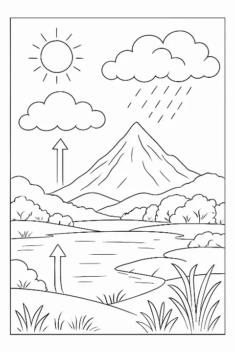 A detailed water cycle coloring page showing clouds, mountains, and rain with clear outlines.