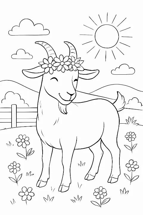 A cute goat wearing a flower crown in a peaceful meadow on a goat farm coloring page.