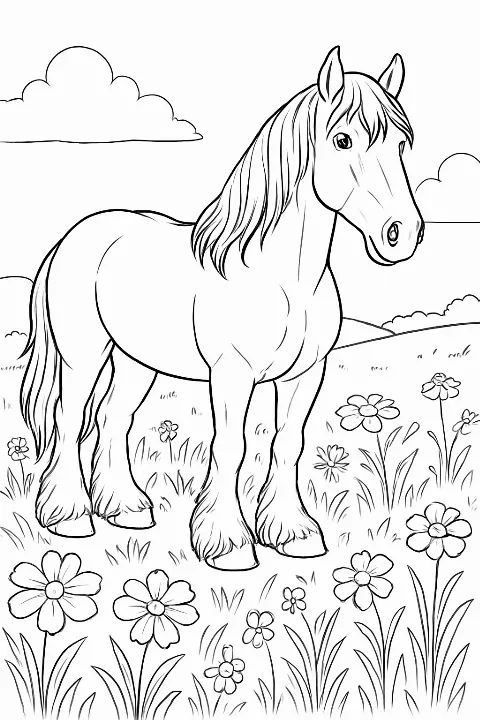 A peaceful Clydesdale standing in a wildflower field on a printable clydesdale horse coloring page.