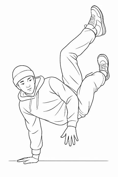 A detailed breakdancer coloring page featuring a young performer doing a stylish freeze pose on the pavement.