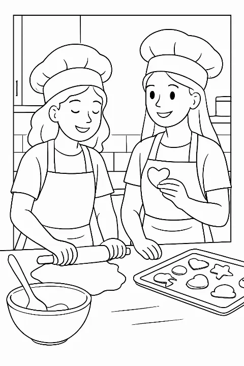 Two happy friends wearing aprons while rolling dough on a friends baking cookies coloring page.