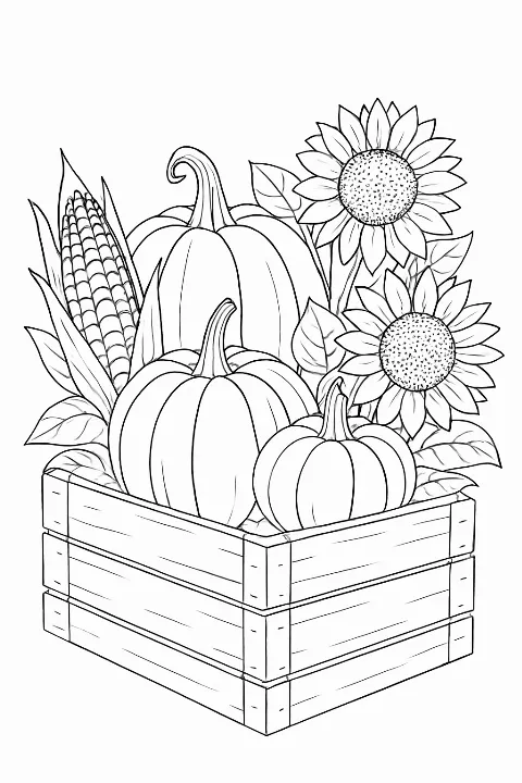 Detailed bountiful harvest coloring page featuring a rustic wooden crate filled with pumpkins and autumn vegetables.