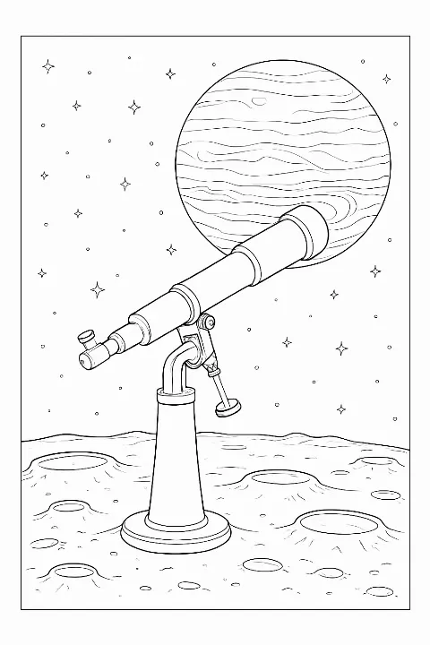 A detailed solar system observatory coloring page featuring a telescope overlooking a massive, textured planet.