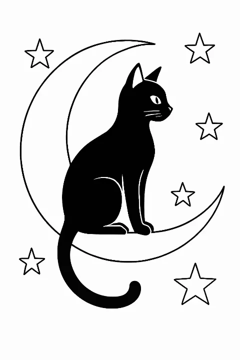 A bold and simple black cat coloring page featuring a cat sitting on a crescent moon with stars.