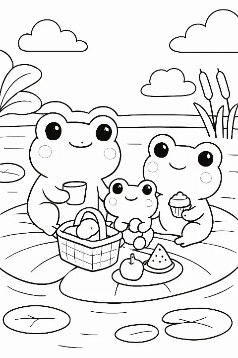 A cute frog family on a lily pad in this frog river picnic coloring page.