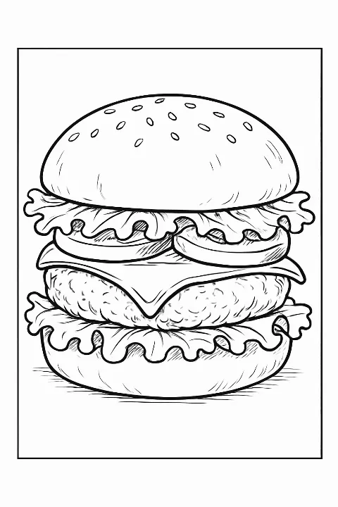 A realistic gourmet cheeseburger coloring page with clean lines and fresh ingredients.