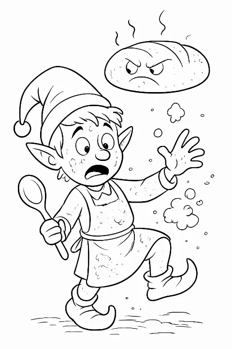 A funny, flour-covered elf in a magical kitchen on a clumsy elf baker coloring page.
