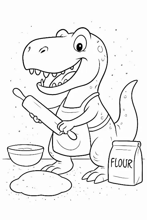 A cute T-Rex wearing a chef hat and apron on a funny dinosaur baking coloring page.
