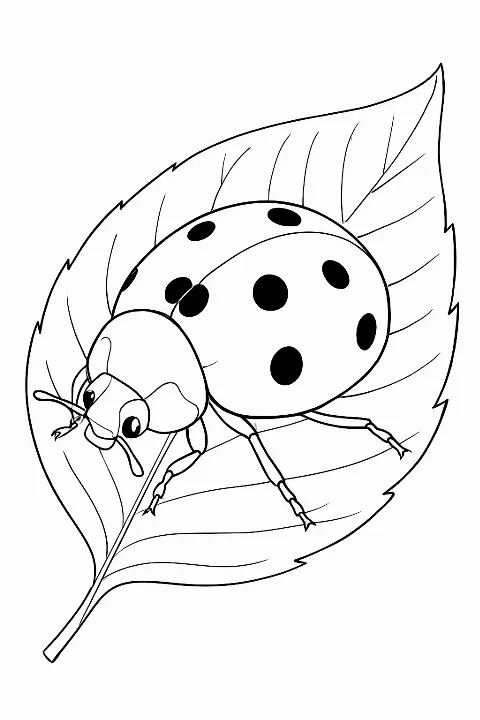 Detailed ladybug coloring page featuring a lifelike insect resting on a textured leaf.