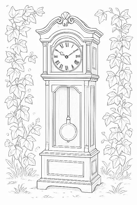 Intricate grandfather clock coloring page featuring realistic wood textures and ivy vines.