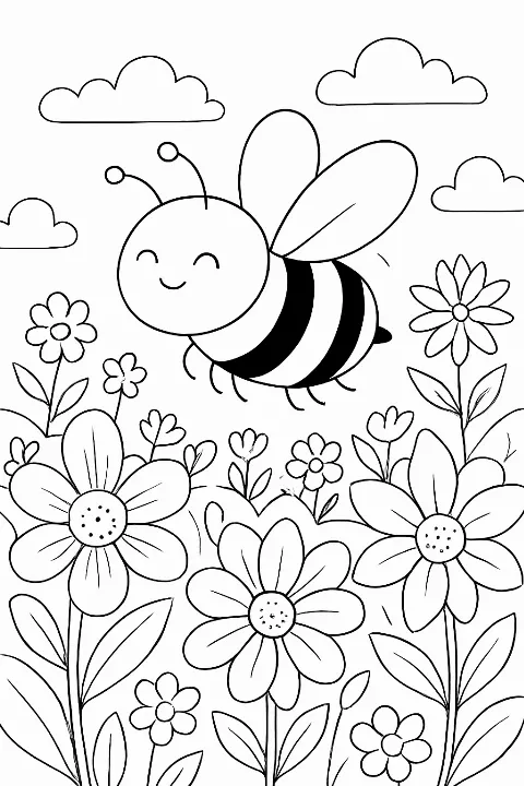 A friendly honey bee hovering over large flowers in a honey bee garden coloring page.