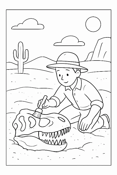 A detailed dinosaur excavation coloring page showing a scientist brushing off a large buried dinosaur skull.