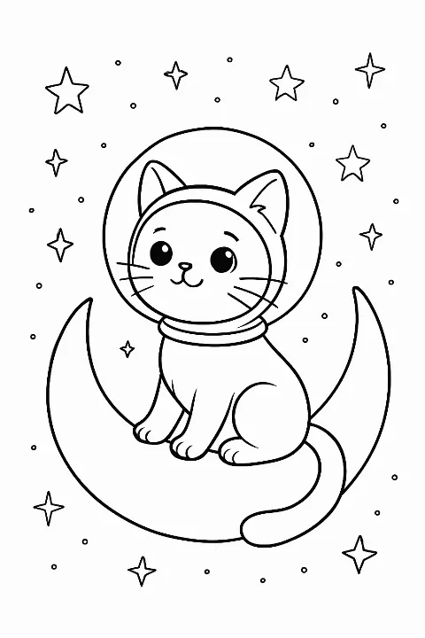 A cute cat astronaut sitting on a moon on this relaxing stargazing cat coloring page.