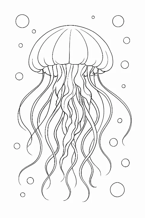 A realistic bioluminescent jellyfish coloring page with long tentacles drifting in the deep blue ocean.