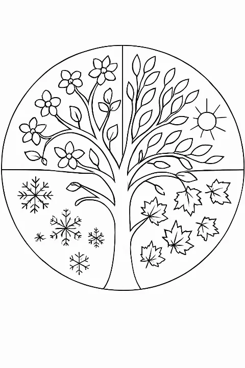 Detailed four seasons tree coloring page featuring seasonal symbols in each quadrant.