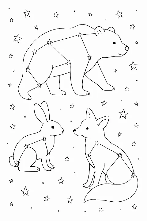 A detailed star constellations coloring page featuring interconnected stars forming elegant patterns.