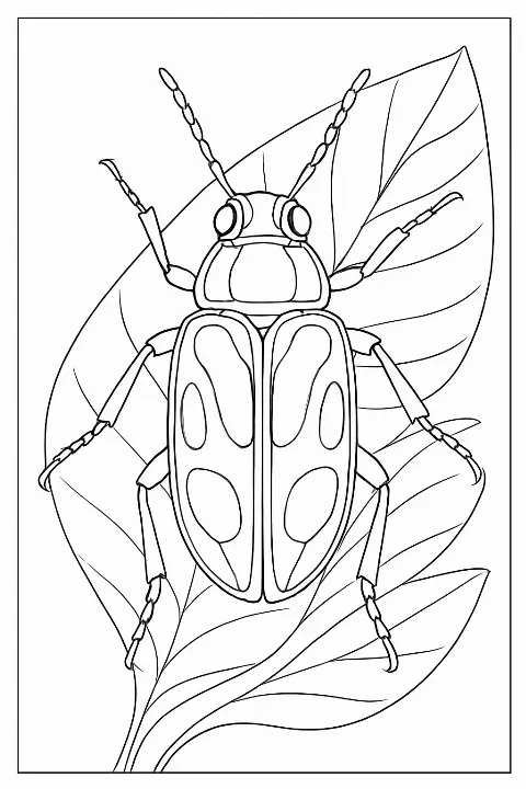 Detailed jewel beetle on a leaf in a black and white beetle coloring page design.