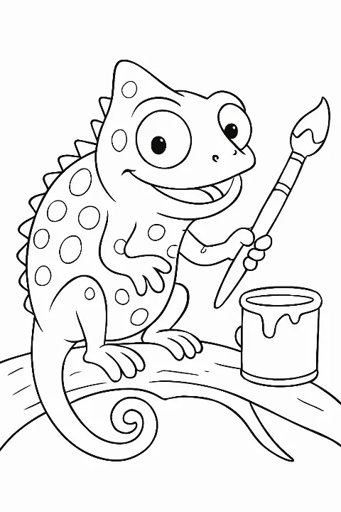 A happy chameleon painting spots on its back for a chameleon color exploration coloring page.