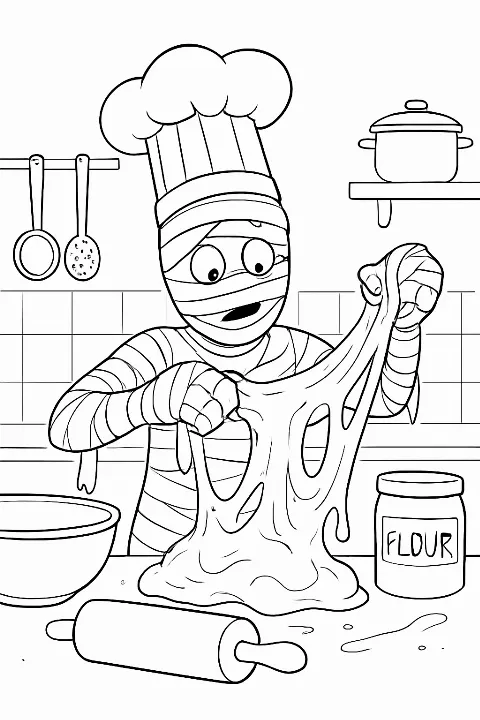 A happy mummy chef baking cookies in a kitchen, featured on a fun mummy chef coloring page.