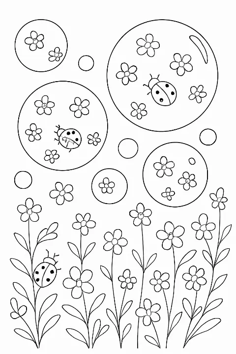 A whimsical bubble garden coloring page featuring circles filled with flowers and ladybugs.
