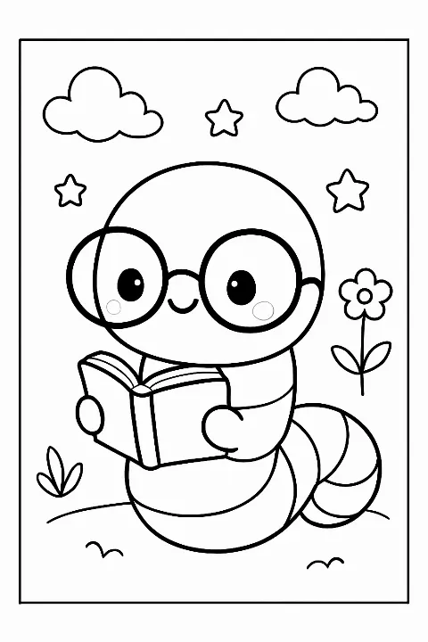 A smiling bookworm wearing glasses reading a book on this cute bookworm coloring page.