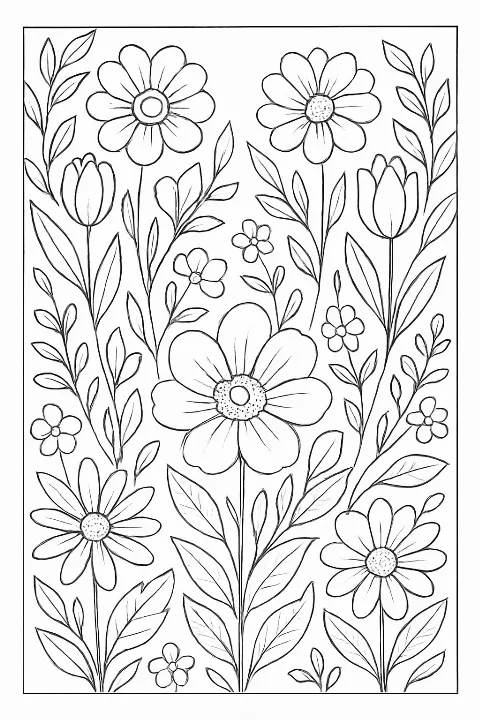 A detailed floral garden coloring page featuring symmetrical flower petals and leaves with thick, clean outlines.