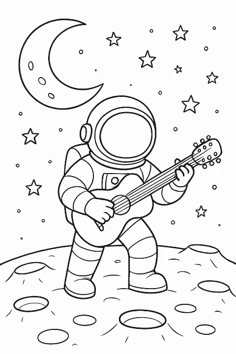 A friendly astronaut performing on a moon stage in this moon musical concert coloring page.