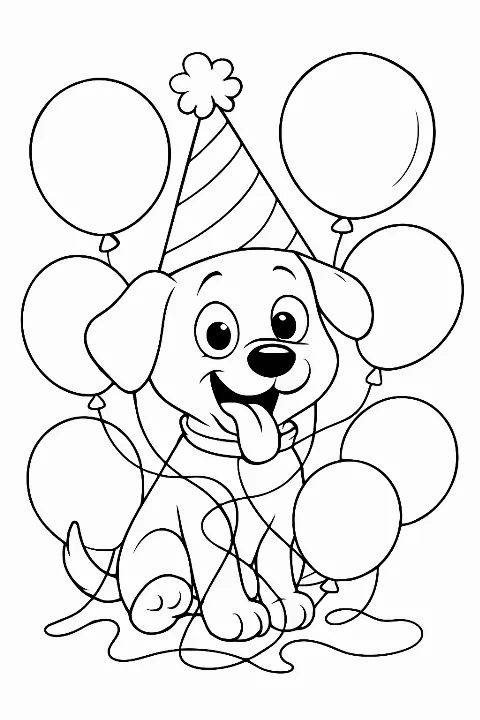 A cute cartoon puppy wearing a festive party hat on a birthday puppy coloring page.