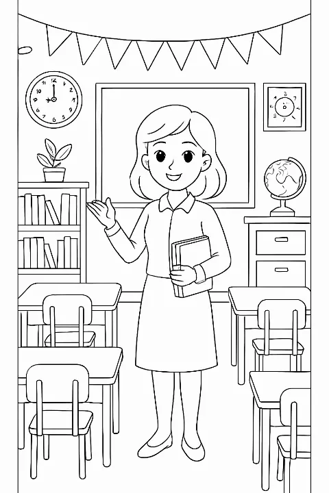 A detailed school classroom coloring page featuring a teacher and students in a fun learning environment.