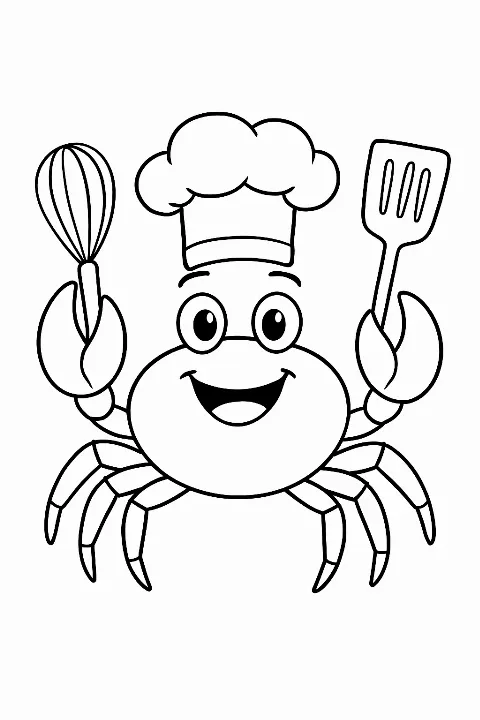 A cute cartoon crab wearing a chef hat holding kitchen tools in this fun crab coloring page for children.