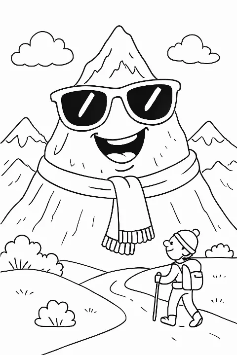 A happy, smiling mountain character wearing sunglasses in this mountains coloring page.