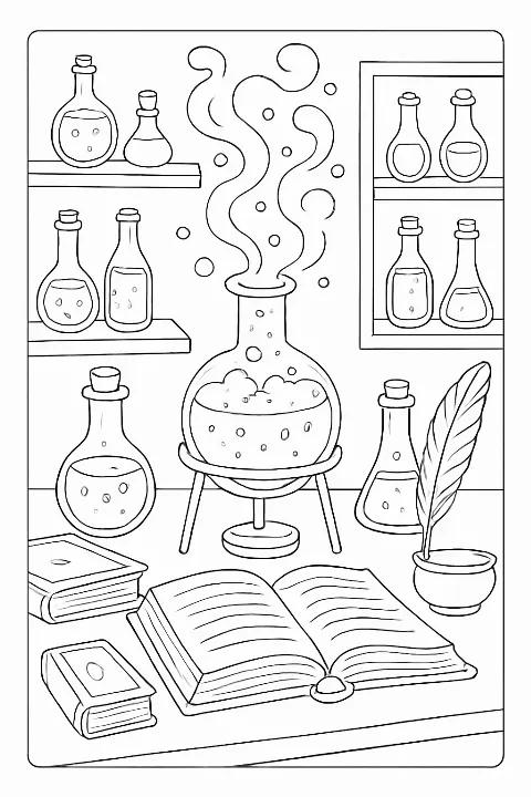 A detailed magical potion lab coloring page featuring bubbling flasks and ancient spell books on a wooden desk.