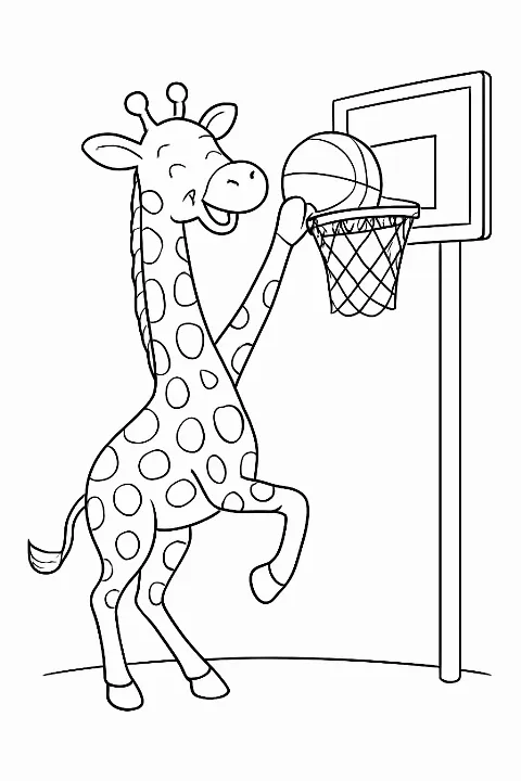 A whimsical giraffe dunking a ball on a basketball coloring page with clean lines.