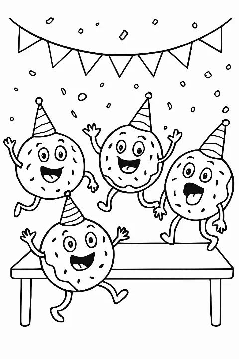 A group of cute, smiling donuts wearing party hats on a funny donut party coloring page.