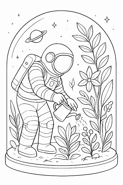Intricate astronaut garden coloring page featuring floating plants in a glass dome.