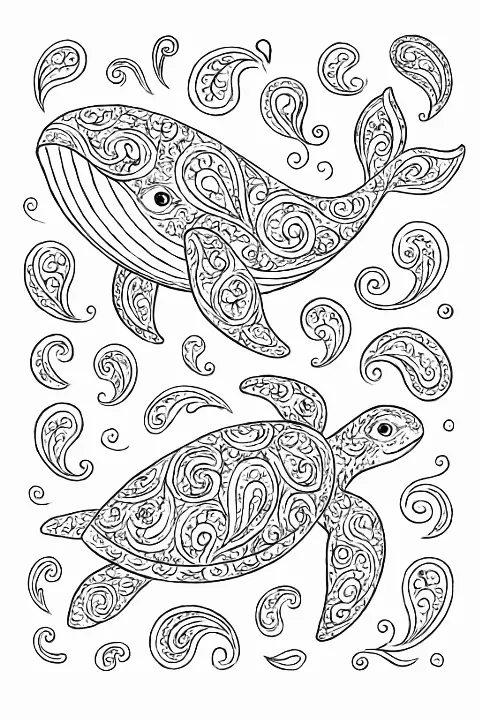 Detailed whale and turtle decorated with ornate teardrop patterns on this paisley sea creatures coloring page.