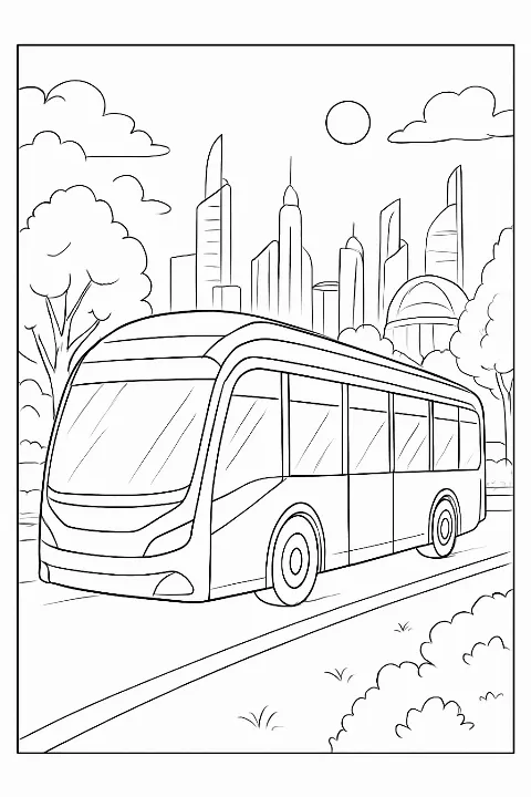 A sleek futuristic city bus coloring page with clean lines and a modern urban background.