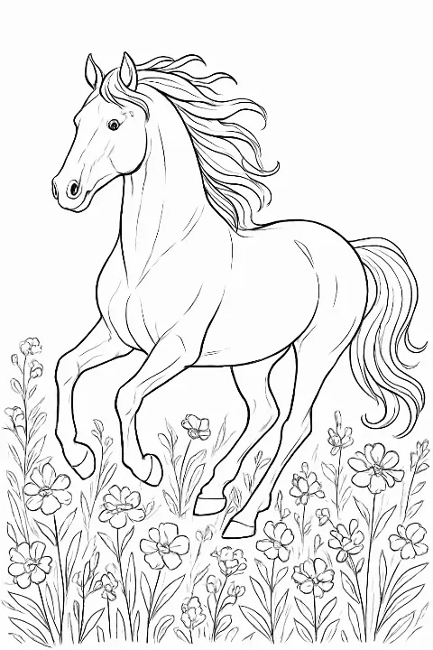 A detailed majestic mustang coloring page featuring a galloping horse and wild meadow flowers.