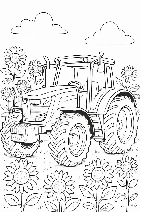 A detailed modern farm tractor coloring page in a sunny field with sunflowers.