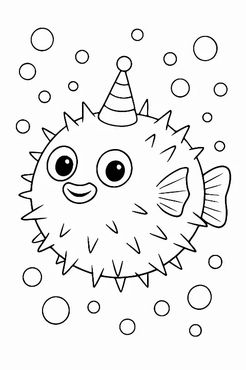 A cute pufferfish wearing a party hat in this fun pufferfish coloring page.